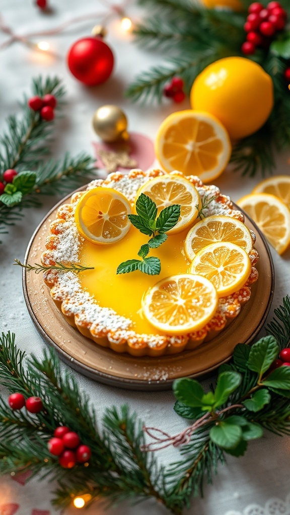 A festive lemon tart garnished with powdered sugar, lemon slices, and mint on a holiday-themed table.